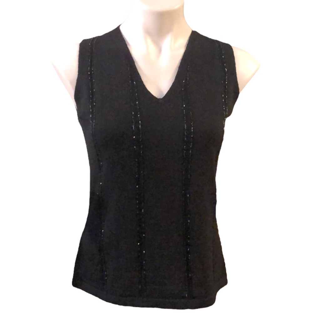 OSCAR DE LA RENTA VINTAGE BEADED WOOL SLEEVELESS KNIT SWEATER BLACK SIZE SMALL